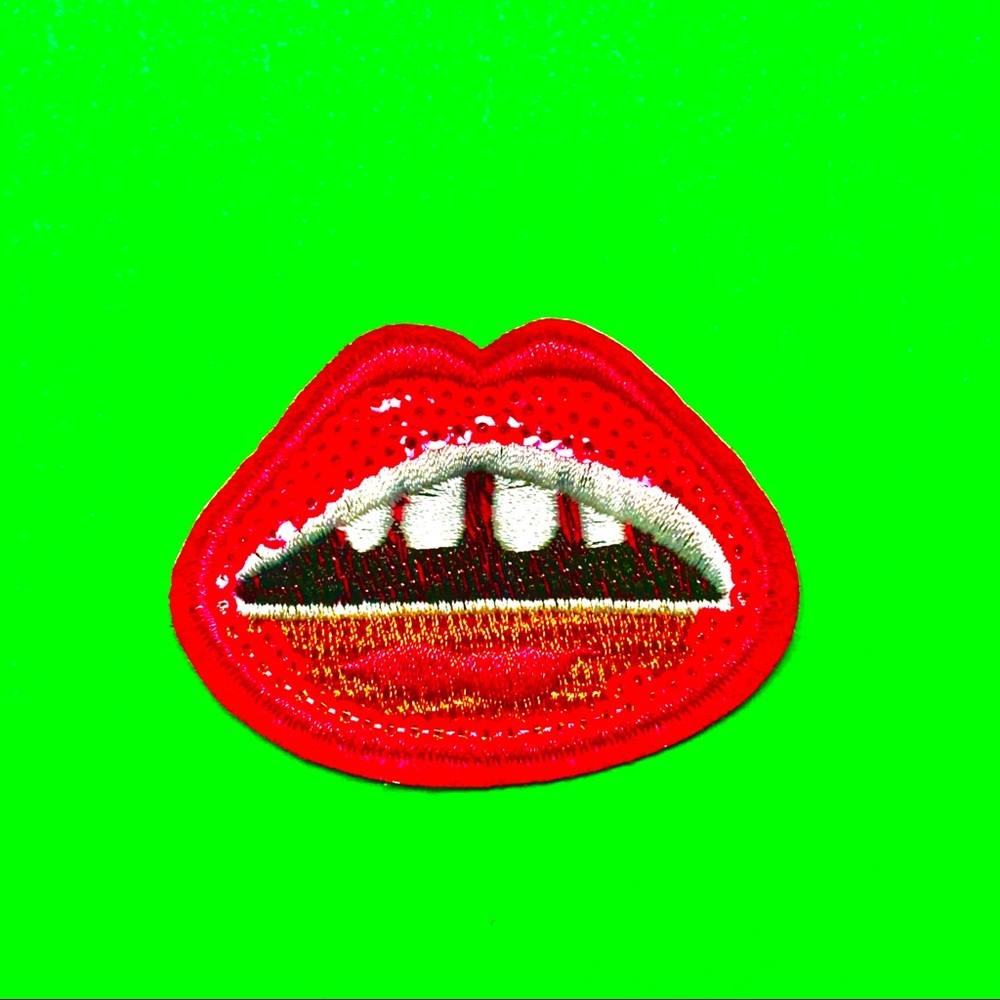 Pink sequins lips and teeth mouth iron on patch